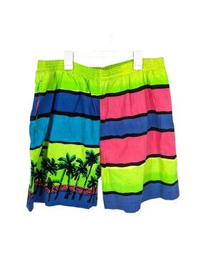 Vtg Pacific Scene Neon Striped Swim Trunks Tropical Y2K Palm‎ Beach Retro XLarge